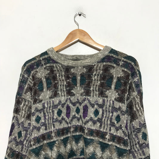 Vintage 90s Italian Funky Patterned Knitted Jumper - Large
