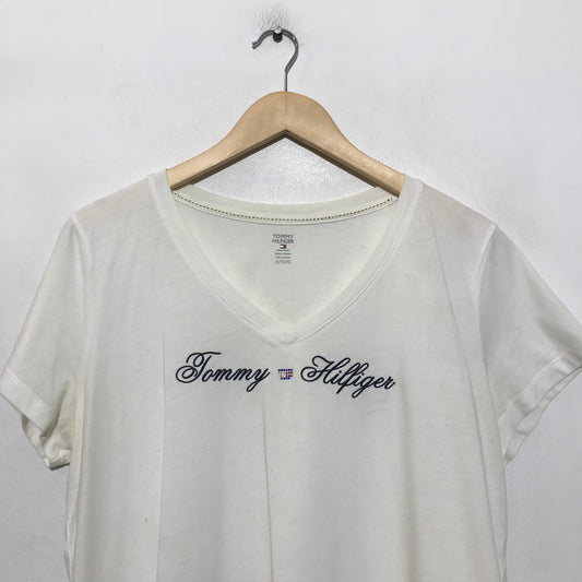 Vintage 00s White Tommy Hilfiger Spellout Graphic T Shirt - Women's XL