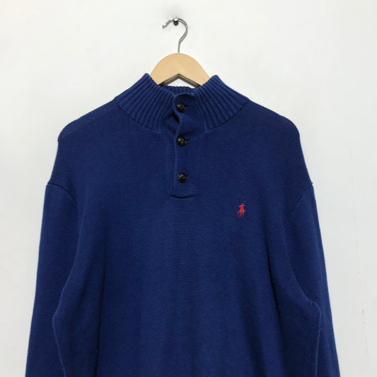 Vintage Blue Polo Ralph Lauren Knitted 1/4 Button Jumper - Large
