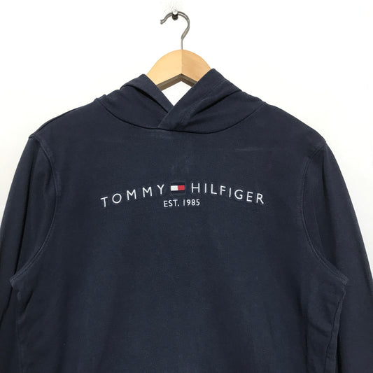 Vintage Navy Tommy Hilfiger Spellout Hoodie Sweatshirt - XS