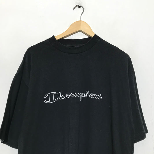 Vintage 90s Black Champion Spellout Graphic T Shirt - XL