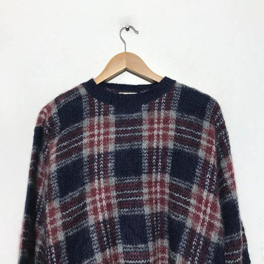 Vintage 90s Navy & Red Chequered Patterned Knitted Jumper - Medium