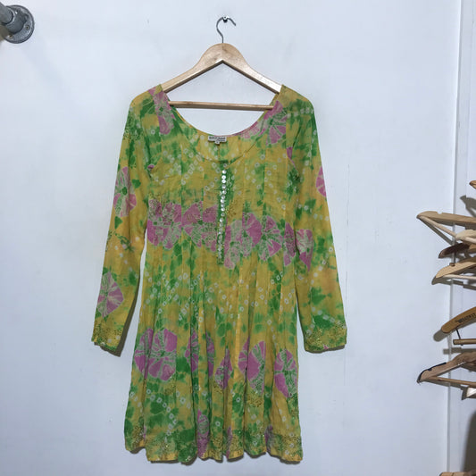 Vintage 70 Green Juliet Dunn Bohemian Dress Hippie Floral - Size 1