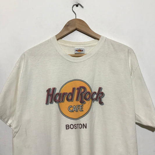 Vintage 90s White Hard Rock Cafe Boston Graphic T Shirt - Medium