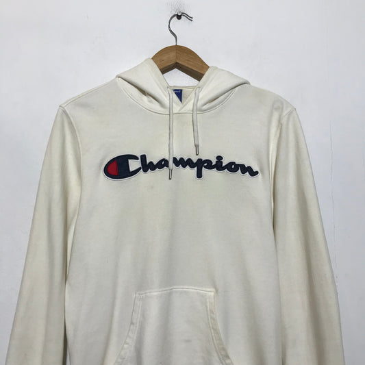 Vintage Cream Champion Hoodie Sweatshirt Spellout - Small