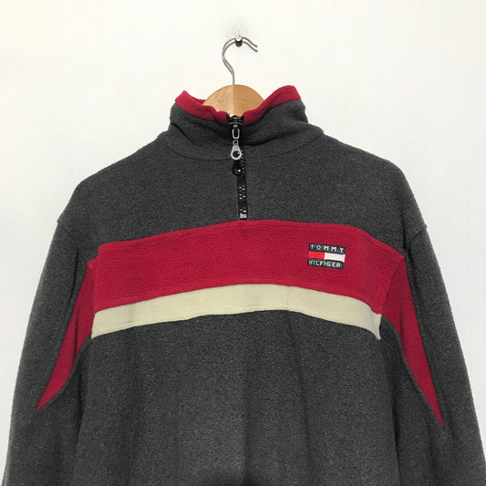 Vintage 90s Grey Striped Tommy Hilfiger 1/4 Zip Fleece Sweatshirt - Medium