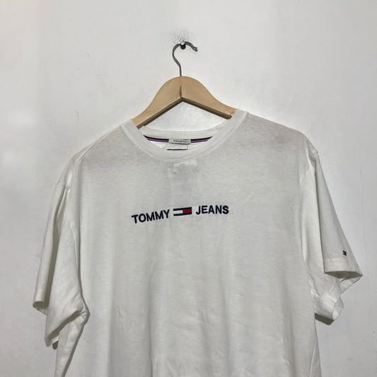 Vintage White Tommy Jeans Embroidered Spellout T Shirt - XL